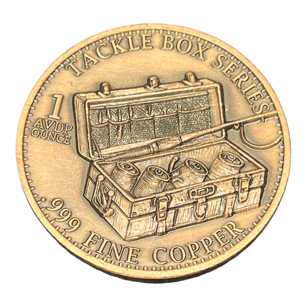 BASS FISHING TACKLE BOX SERIES 1 OZ COPPER ANTIQUE FINISH COIN IN CAPSULE – 1000 MINTAGE