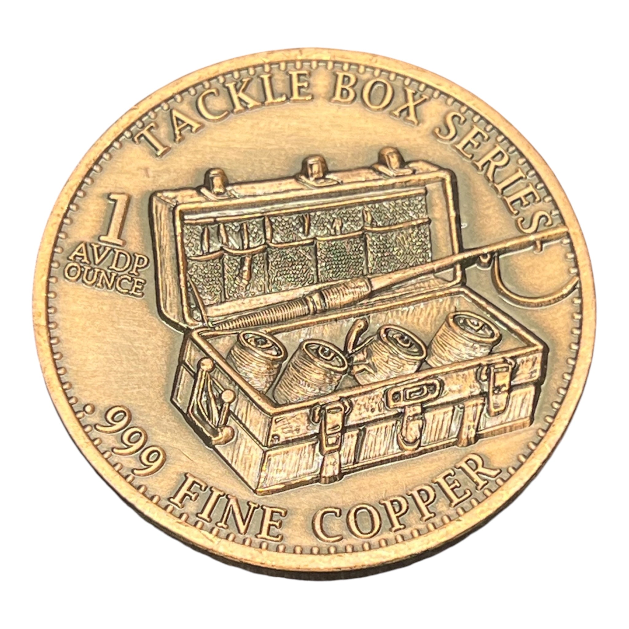 BASS FISHING TACKLE BOX SERIES 1 OZ COPPER ANTIQUE FINISH COIN IN CAPSULE – 1000 MINTAGE