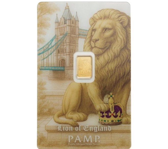 Lion of England 0.5 gram gold Bar in assay PAMP Suisse