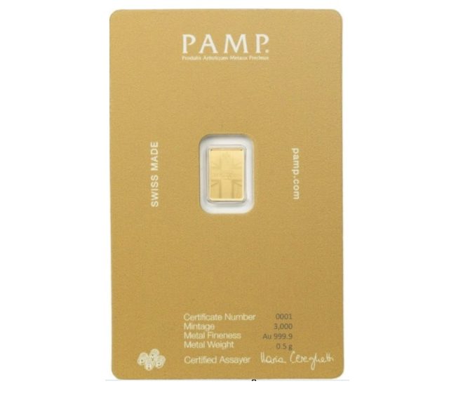 Lion of England 0.5 gram gold Bar in assay PAMP Suisse
